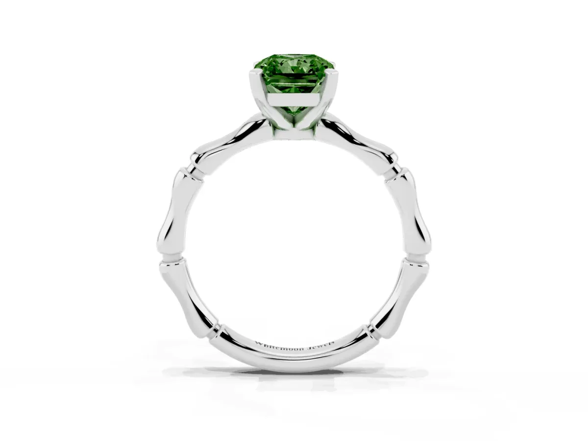 Fancy Green Radiant Cut Solitaire Diamond Ring with Bamboo Band and Four-Prong Setting Silver