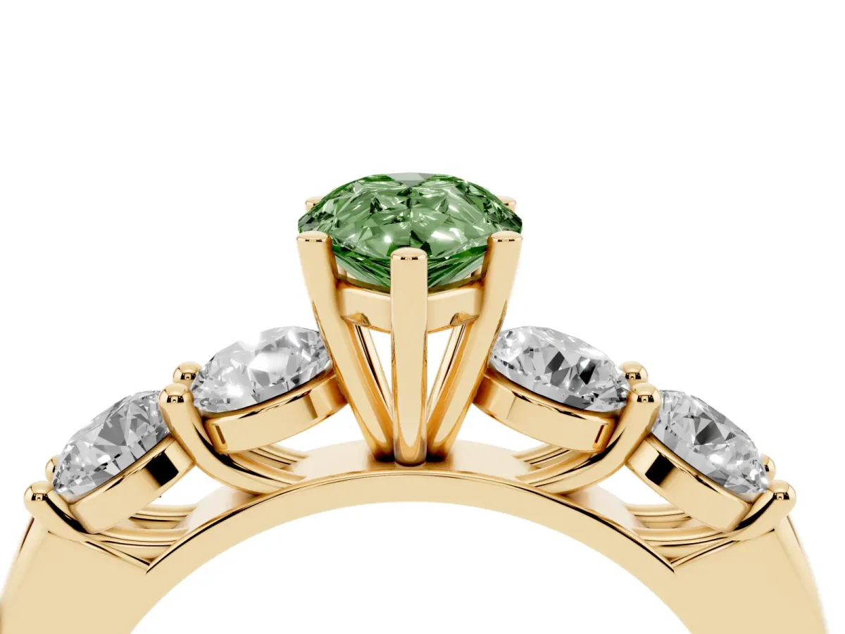 Fancy Green Pear Cut Cut Five-Stone Prong Set Diamond Ring with Classic Band Yellow gold