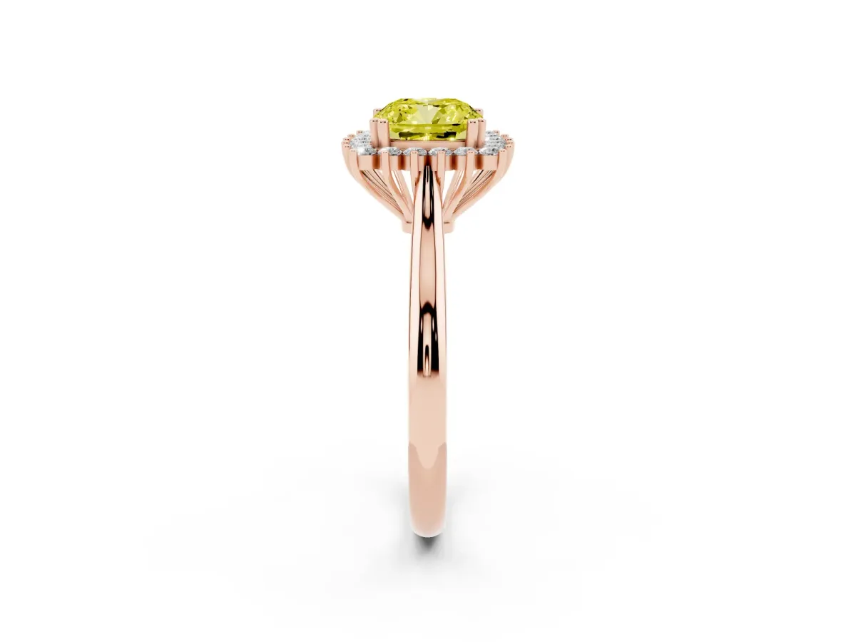 Fancy Yellow Cushion Cut Cut Diamond Halo Ring with Solitaire Band and Prong Setting Rose gold