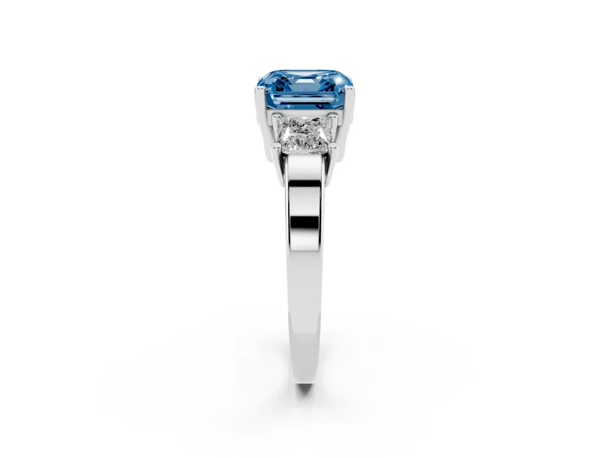 Fancy Blue Three-Stone Asscher Cut Cut Solitaire Ring with Prong Setting Platinum