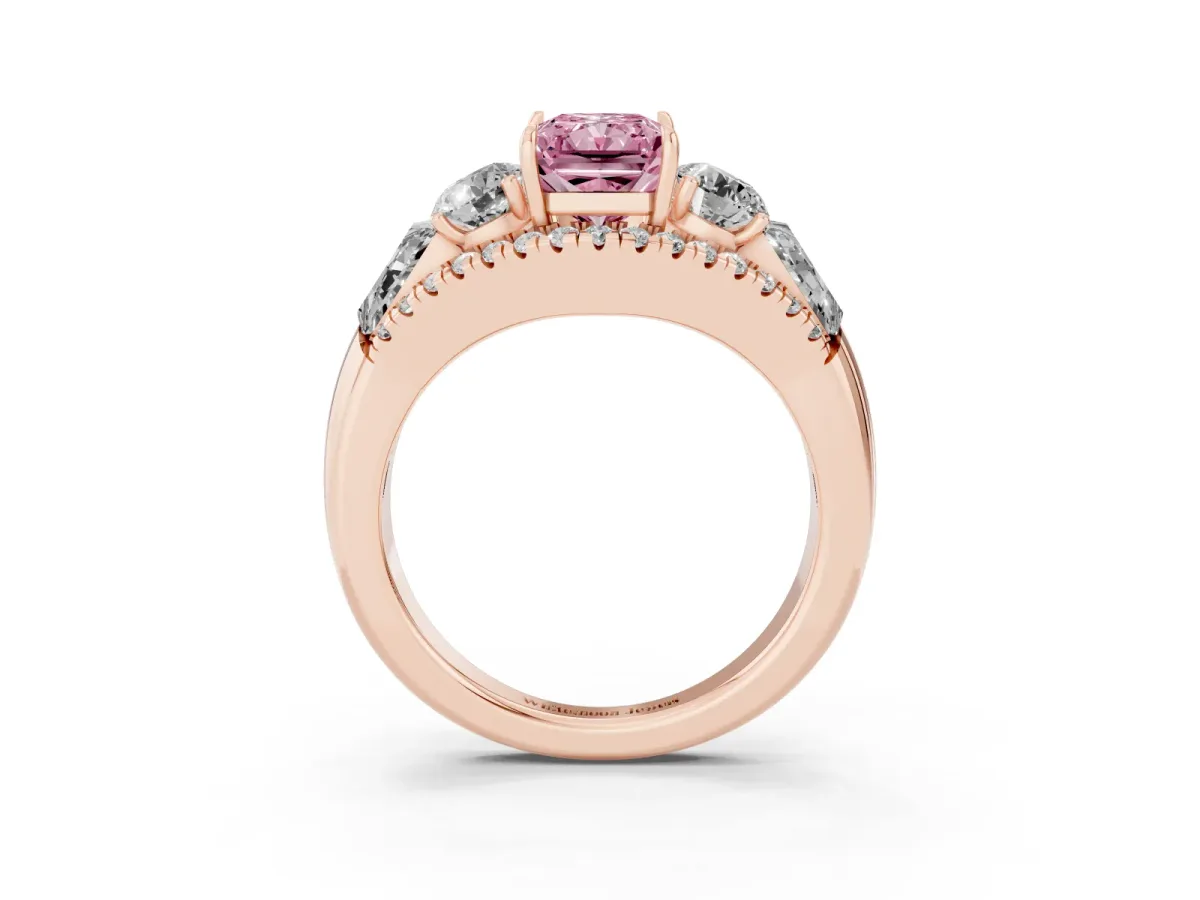 Fancy Pink Three-Stone Radiant Cut Diamond Engagement Ring with Pave Band and Prong Setting Rose gold