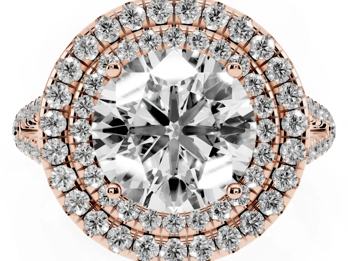 Round Cut Diamond Double Halo Ring with Pavé Band and Prong Setting Rose gold