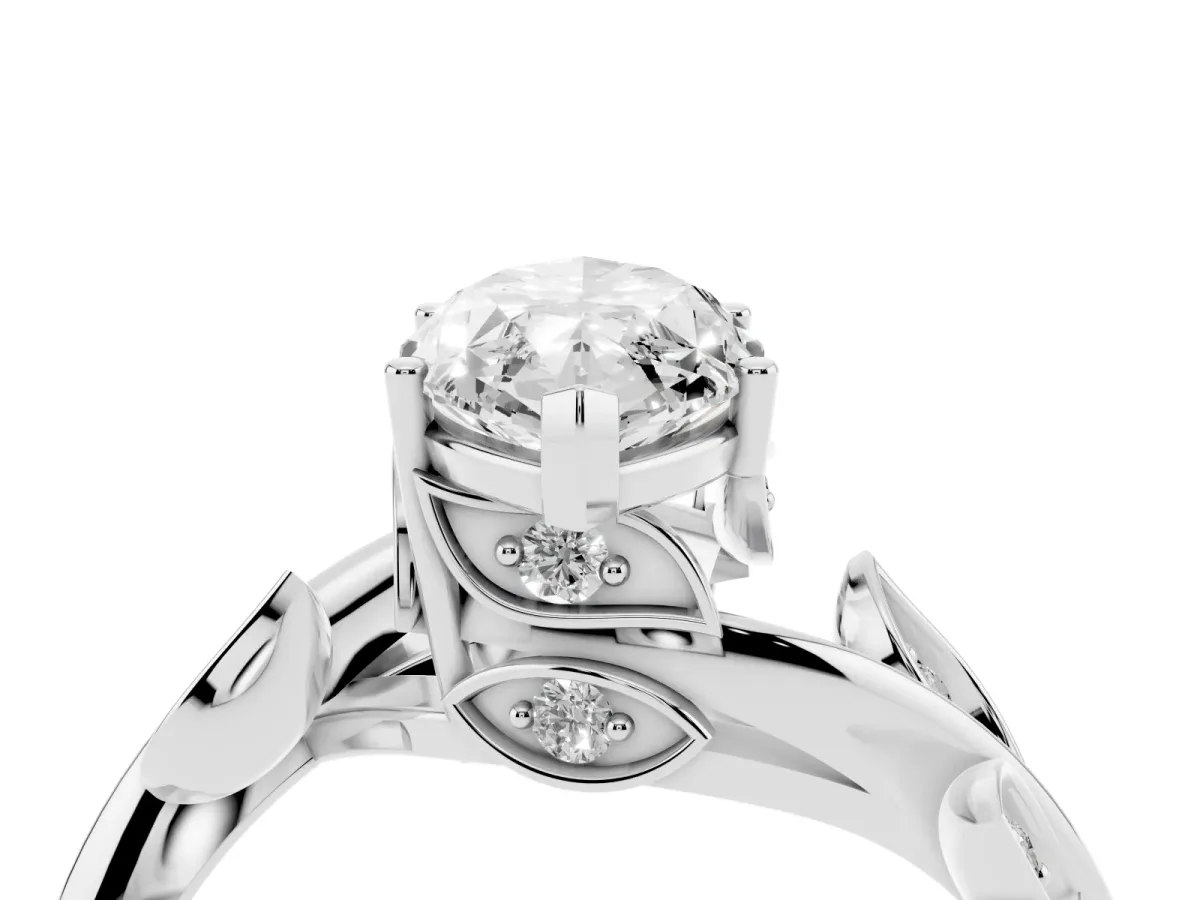 Marquise Cut Solitaire Twist Engagement Ring with Leaf Accents and Prong Setting Platinum