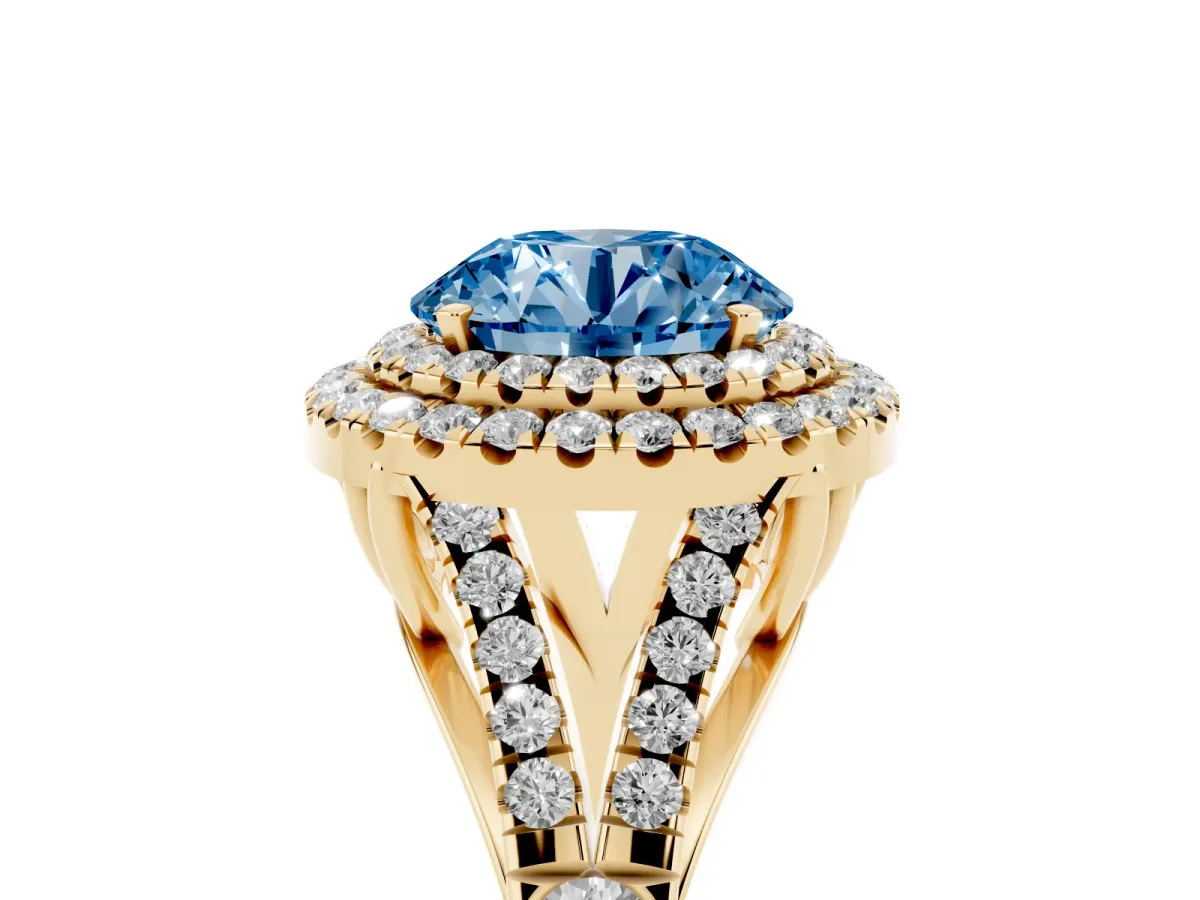 Fancy Blue Double Halo Round Cut Diamond Split Shank Engagement Ring with Four-Prong Setting Yellow gold