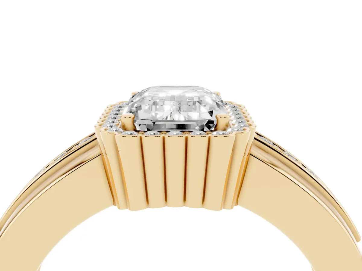 Emerald Cut Cut Halo Pave Band Four-Prong Ring Yellow gold