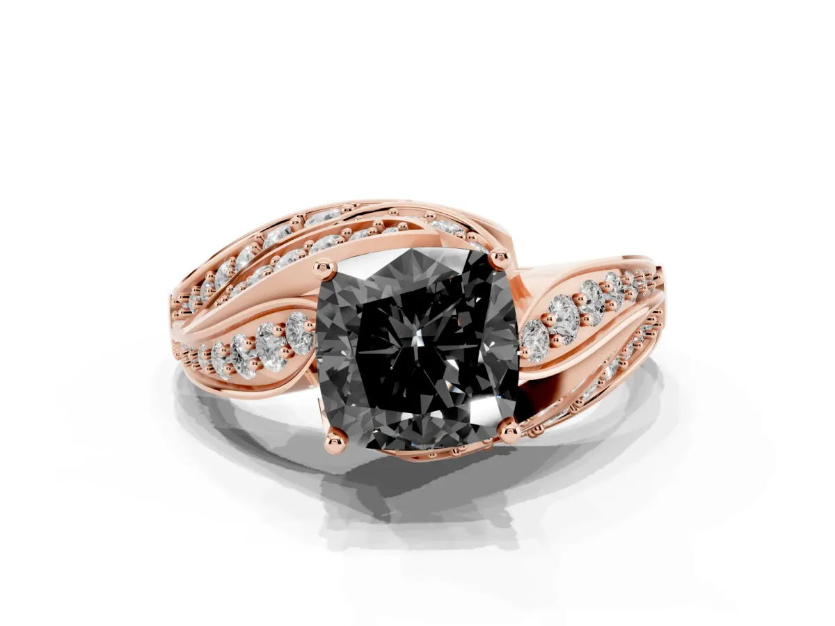 Fancy Black Cushion Cut Diamond Solitaire Ring with Prong Setting and Twisted Pavé Band Rose gold