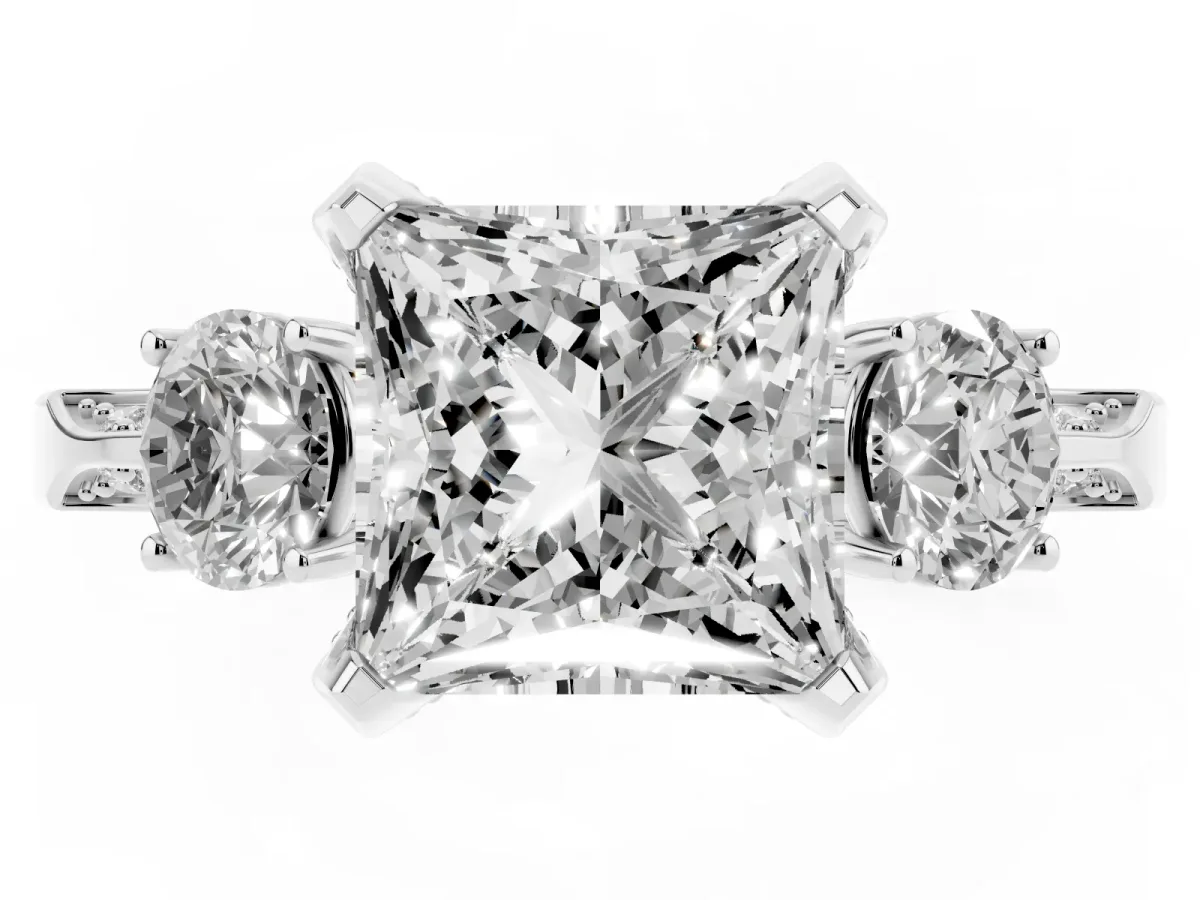 Princess Cut Brilliant Three-Stone Diamond Ring with Pavé Band and Four-Prong Setting White gold