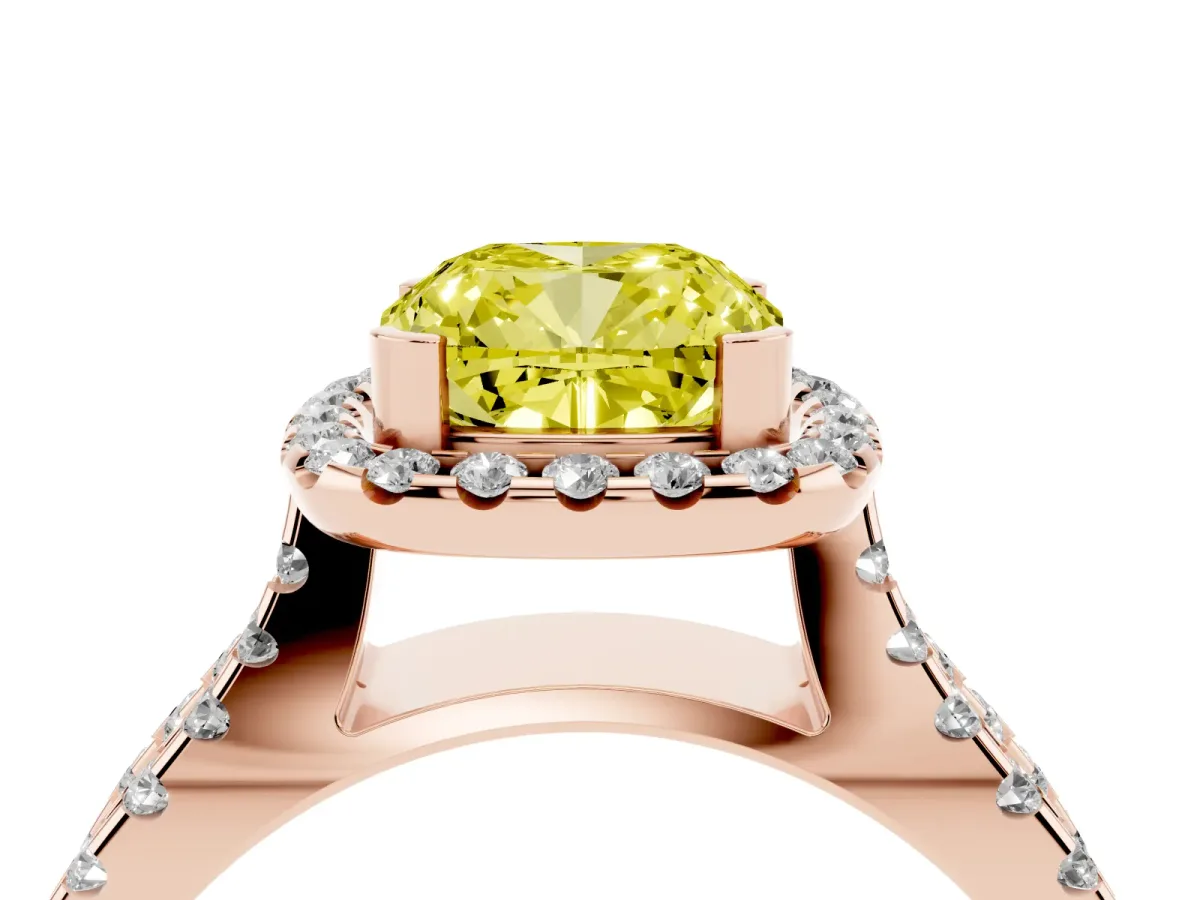 Fancy Yellow Cushion Cut Diamond Halo Ring with Split Shank Pavé Band and Prong Setting Rose gold