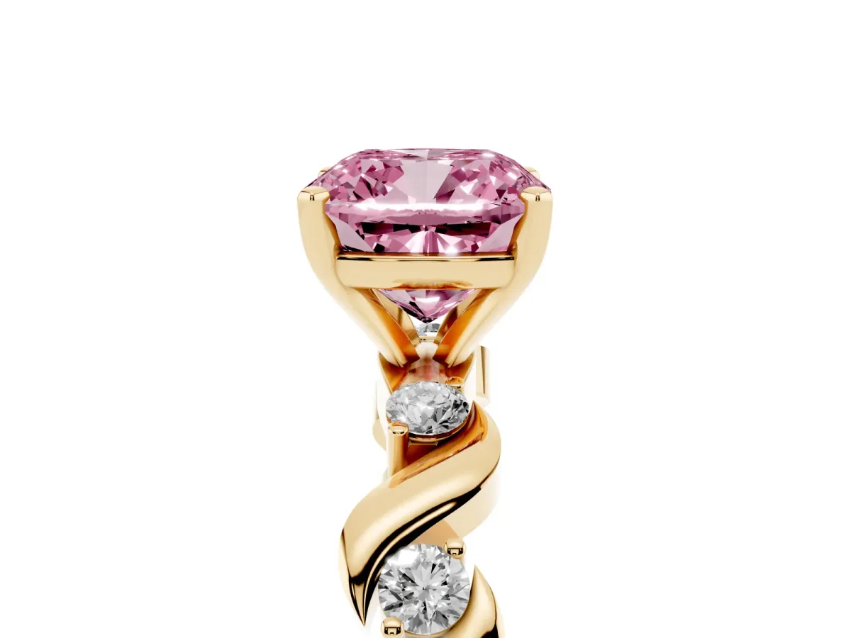 Fancy Pink Cushion Cut Diamond Solitaire Twisted Band with Round Accents and Prong Setting Yellow gold