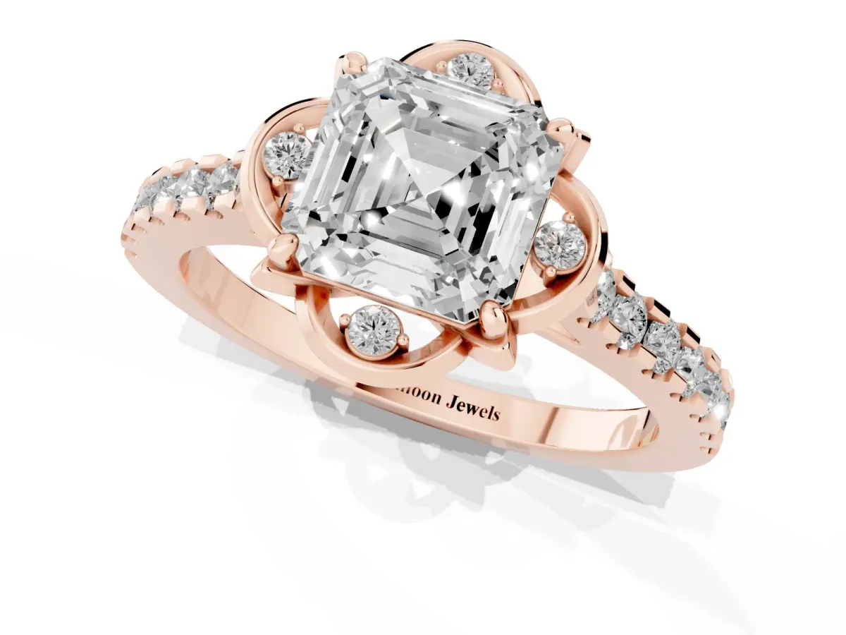 Asscher Cut Diamond Ring with Pavé Band and Floral Prong Setting Rose gold