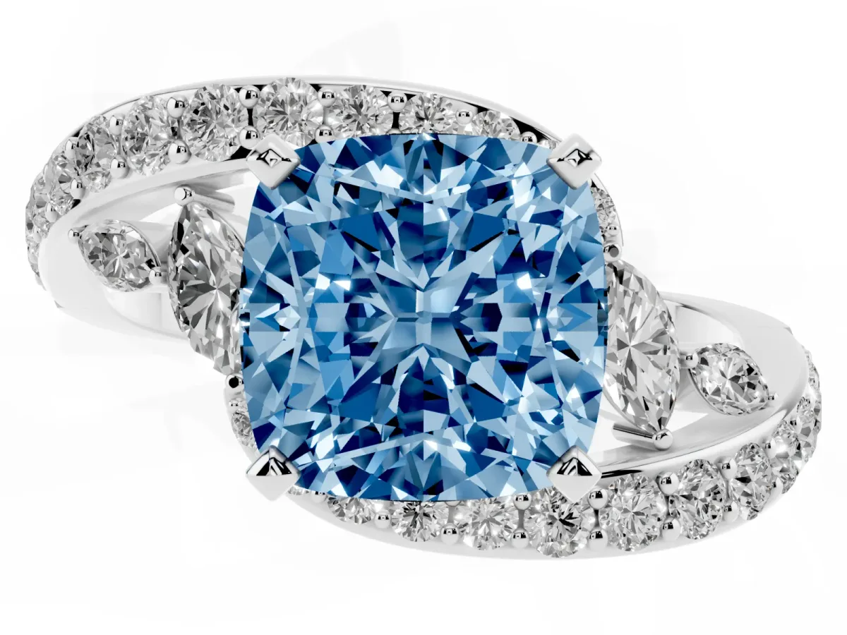 Fancy Blue Cushion Cut Solitaire with Pavé Twist Band and Four-Prong Setting Silver