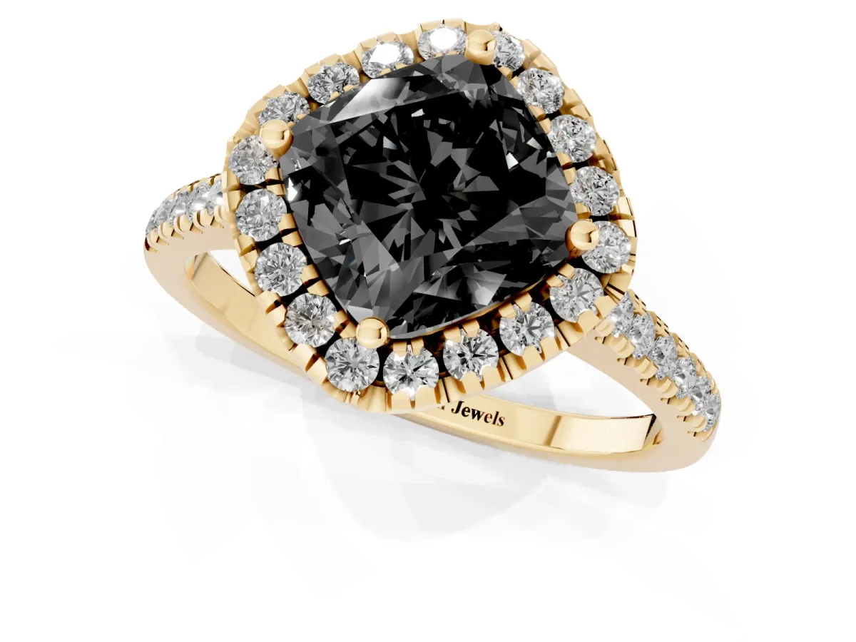 Fancy Black Cushion Cut Diamond Cushion Halo Ring with Pavé Band Yellow gold