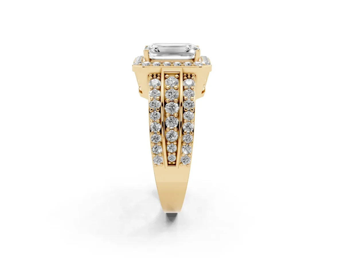 Emerald Cut Halo Diamond Ring with Round Split Shank and Prong Setting Yellow gold