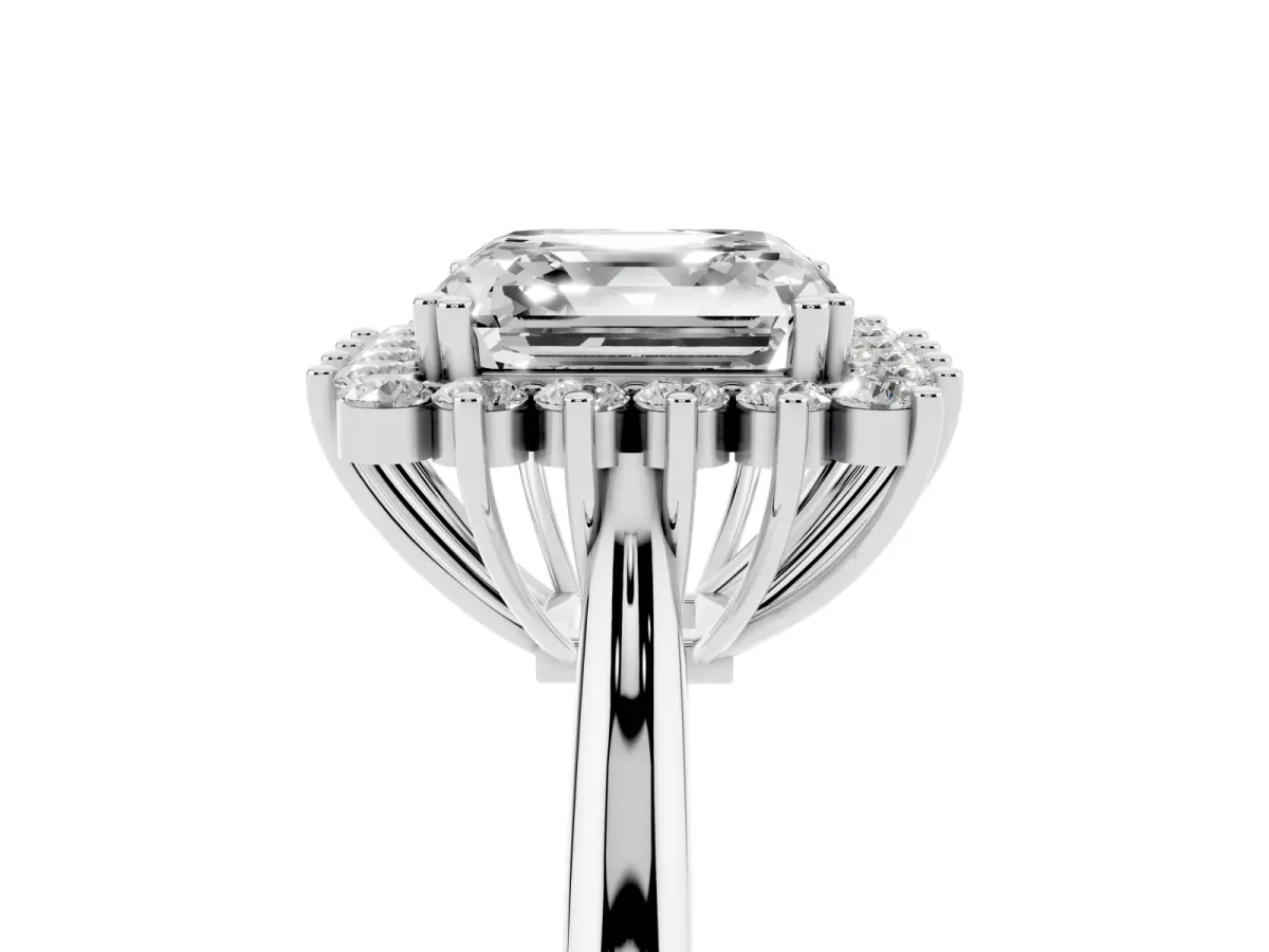 Asscher Cut Cut Diamond Halo Ring with Solitaire Band and Prong Setting Silver