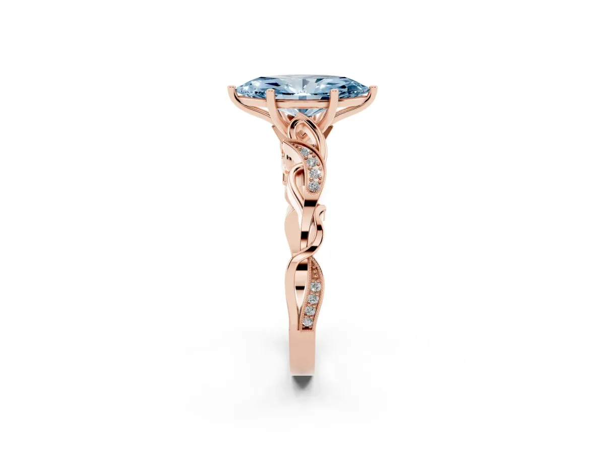 Fancy Blue Marquise Cut Solitaire Vine Band with Milgrain Prong Setting Rose gold