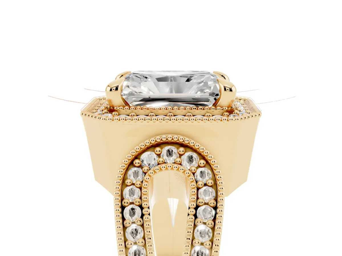Radiant Cut Halo Split Shank Milgrain Diamond Ring Yellow gold