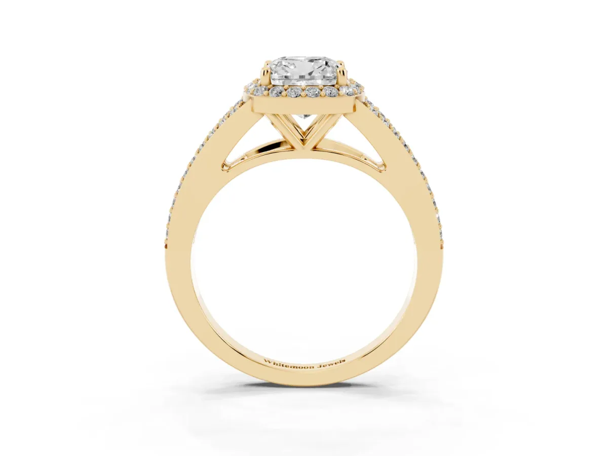 Cushion Cut Halo Split Shank Pave Diamond Ring with Four-Prong Setting Yellow gold