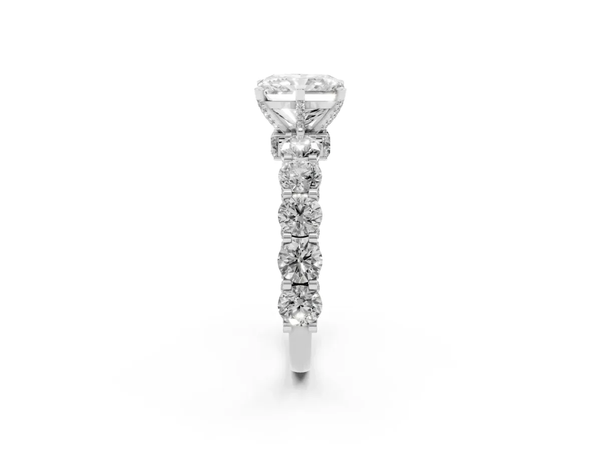Radiant Cut Diamond Side Stone Engagement Ring with Four-Prong Setting Silver
