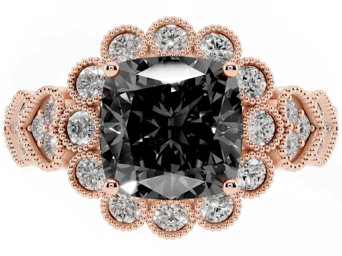 Fancy Black Cushion Cut Brilliant Milgrain Pave Heart Band Solitaire Ring Rose gold