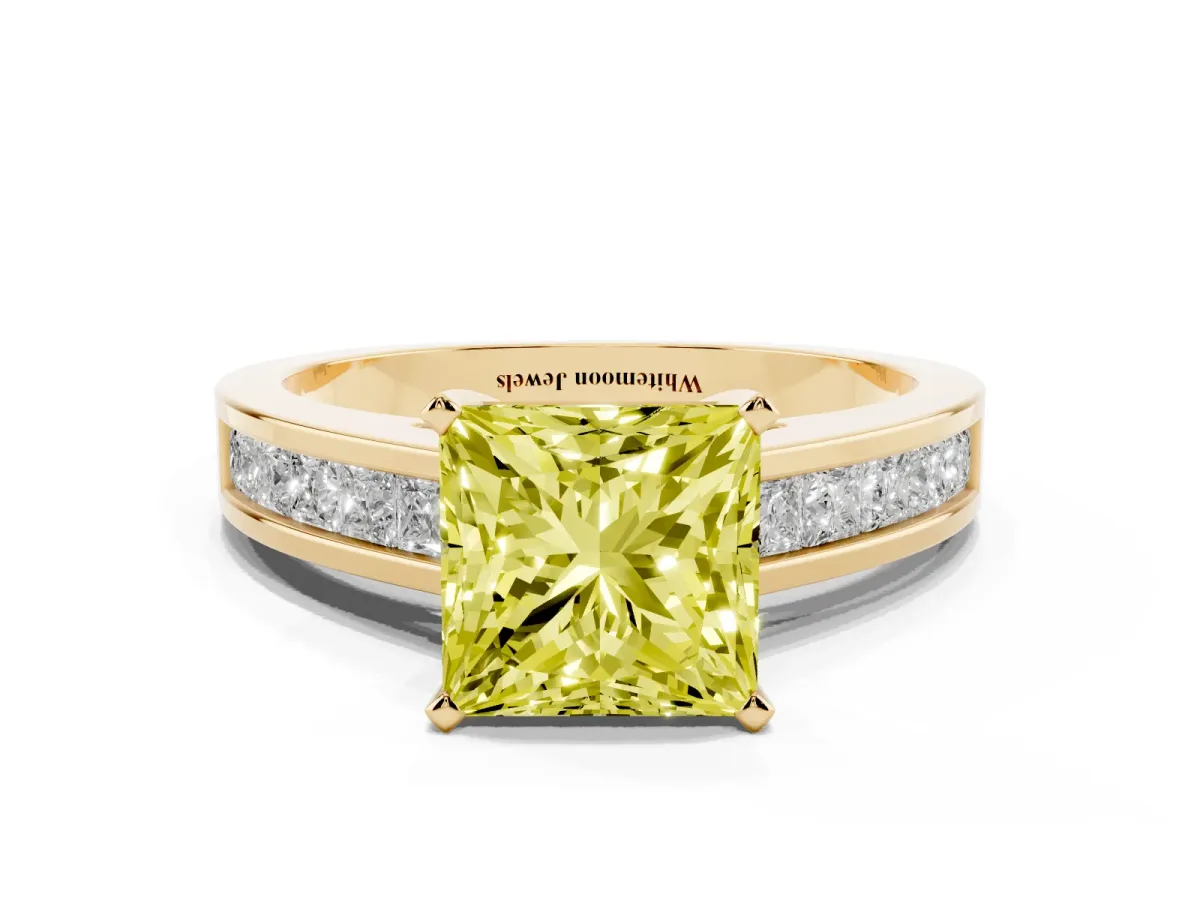 Fancy Yellow Princess Cut Solitaire Diamond Ring with Channel-Set Band and Four-Prong Setting Yellow gold