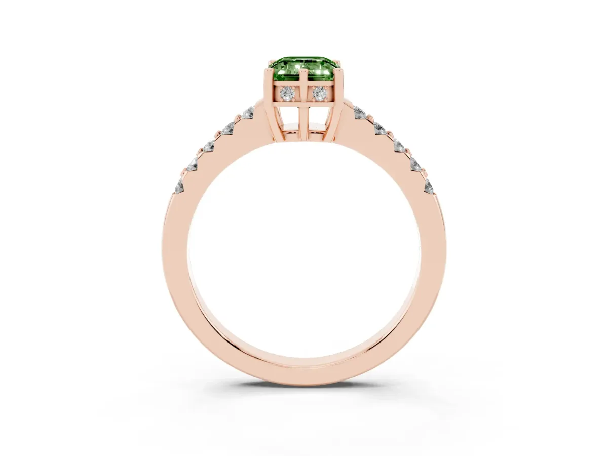 Fancy Green Emerald Cut Solitaire Diamond Engagement Ring with Pavé Band and Six-Prong Setting Rose gold