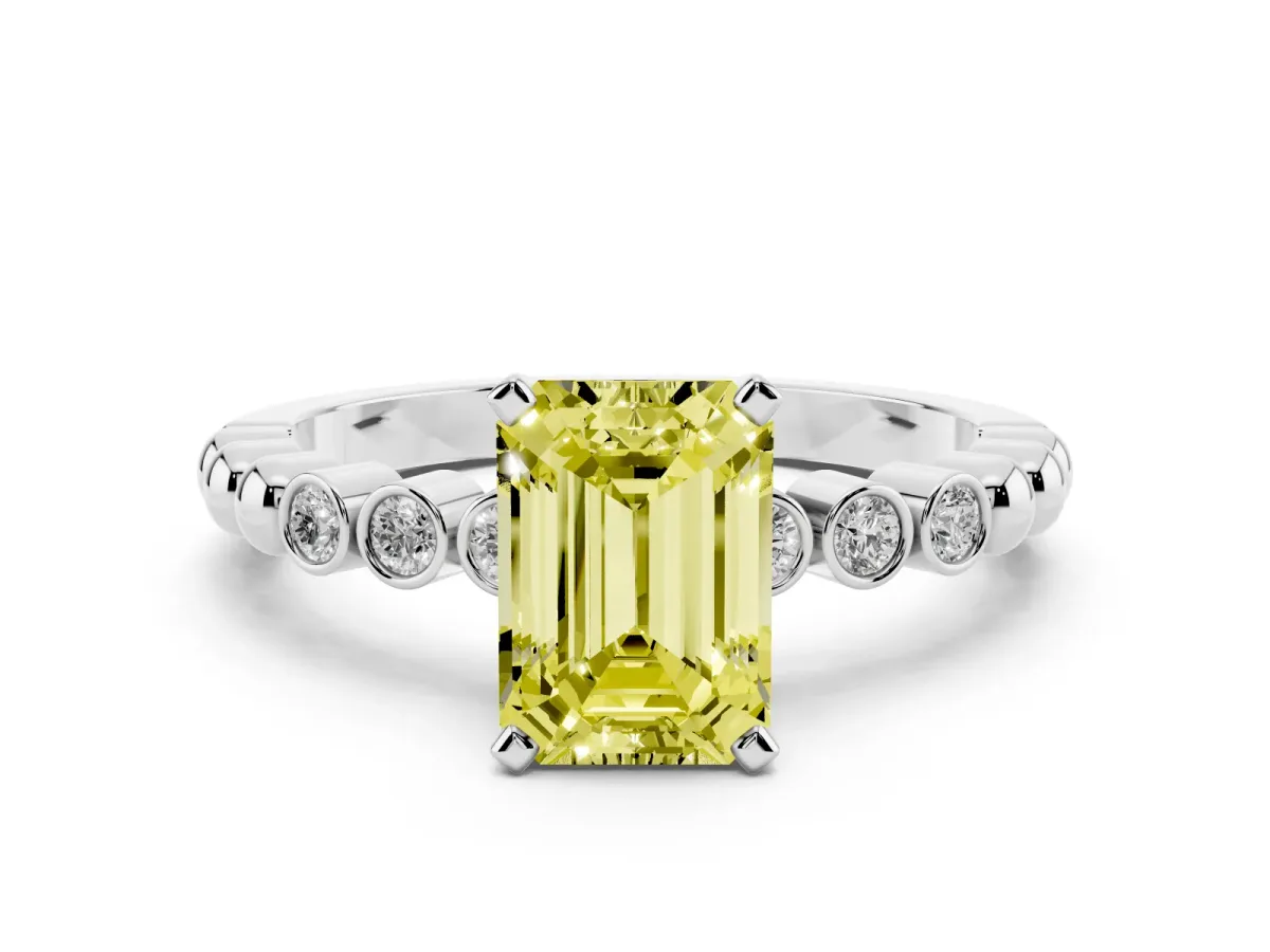 Fancy Yellow Emerald Cut Solitaire Bezel Accent Diamond Engagement Ring with Beaded Band and Four-Prong Setting White gold