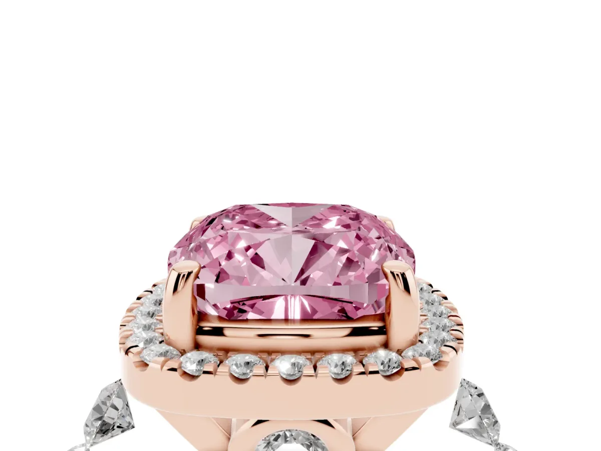 Fancy Pink Cushion Cut Halo Pavé Diamond Engagement Ring with Four-Prong Setting Rose gold