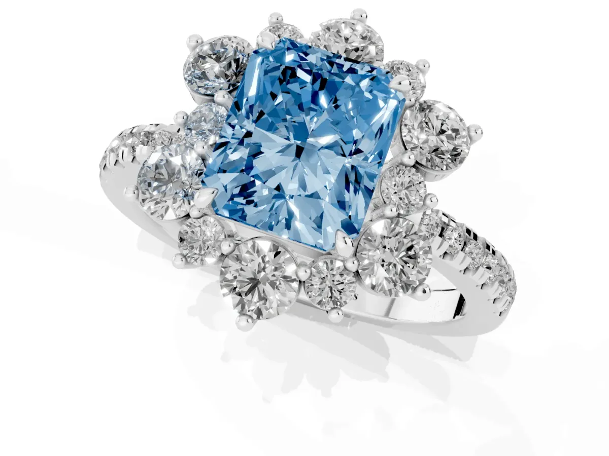 Fancy Blue Radiant Cut Diamond Floral Halo Ring with Round Pavé Band and Prong Setting Silver
