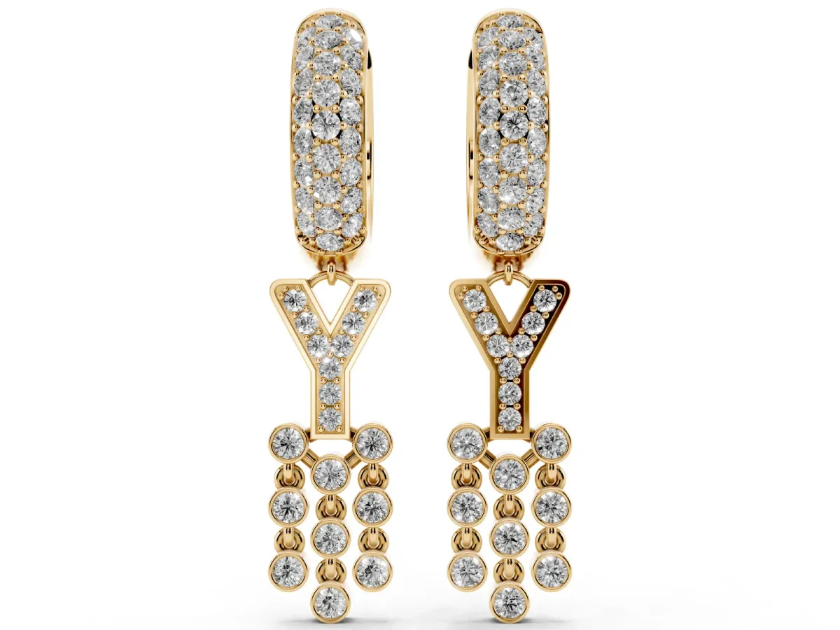 Round Diamond Initial Y Huggie Hoop Earrings Yellow gold