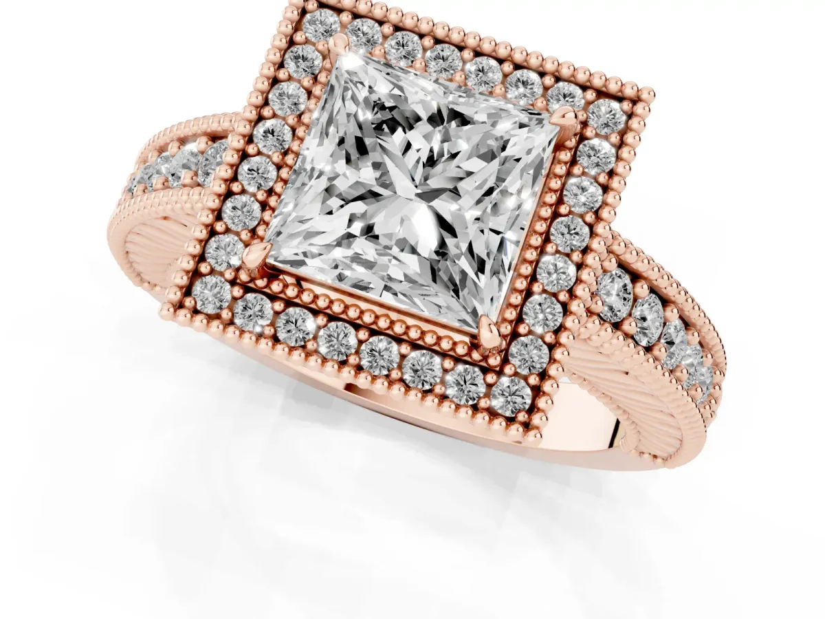 Princess Cut Cut Halo Diamond Ring with Pavé Band and Four-Prong Setting Rose gold