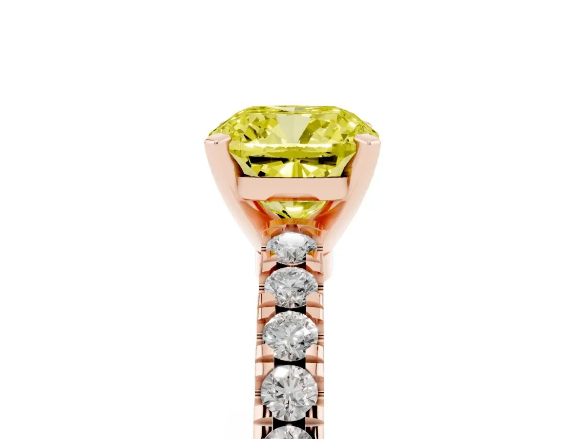 Fancy Yellow Cushion Cut Solitaire Diamond with Pavé Band and Four-Prong Setting Rose gold