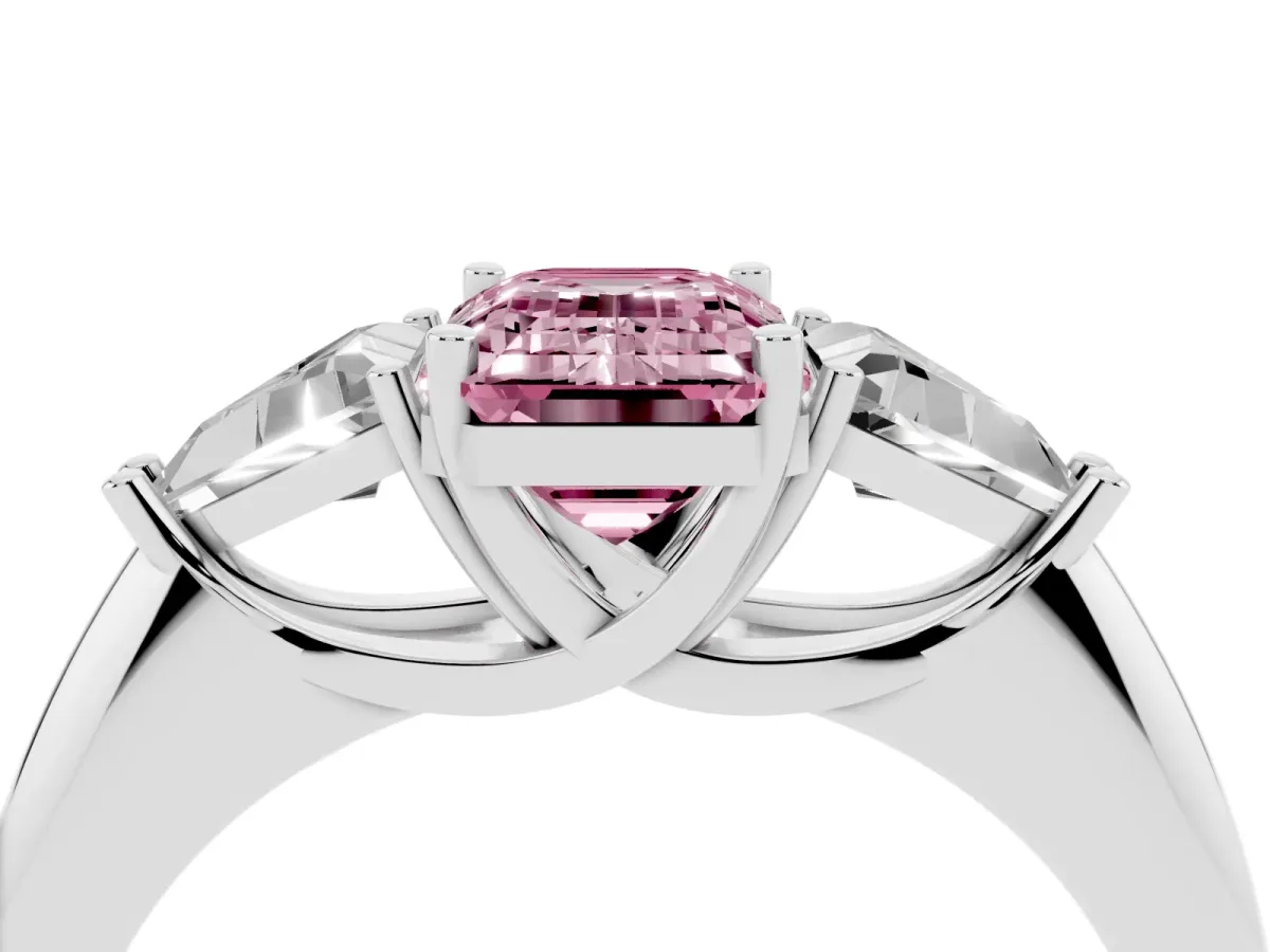 Fancy Pink Three-Stone Emerald Cut Diamond Engagement Ring with Trillion Side Stones and Prong Setting Silver
