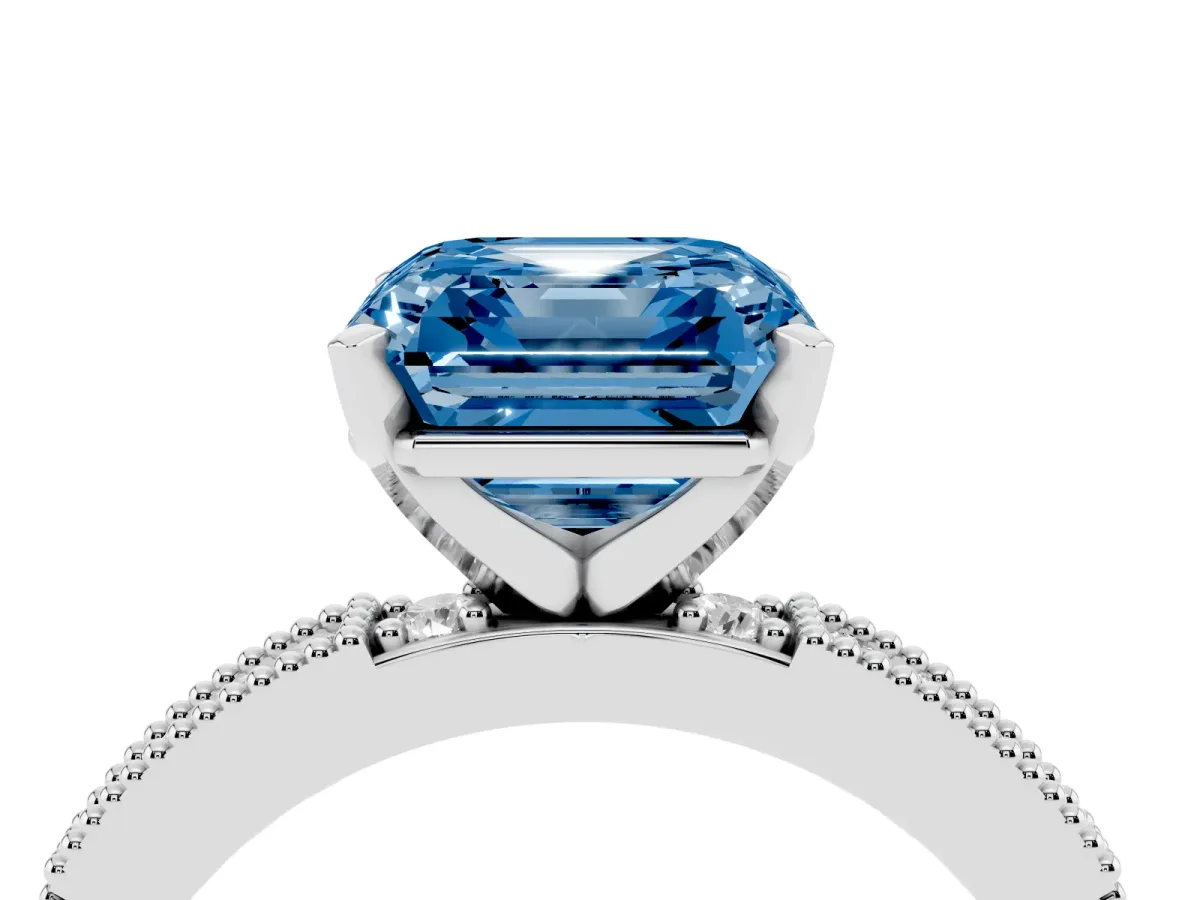 Fancy Blue Asscher Cut Solitaire with Pavé Band and Four-Prong Setting Silver