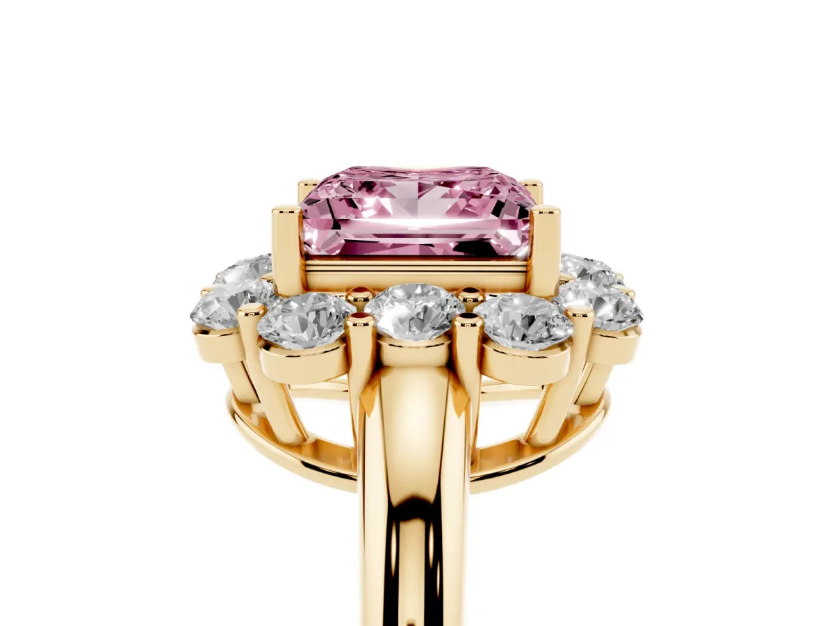 Fancy Pink Princess Cut Halo Milgrain Solitaire with Bezel Set Side Stones and Pave Band Yellow gold