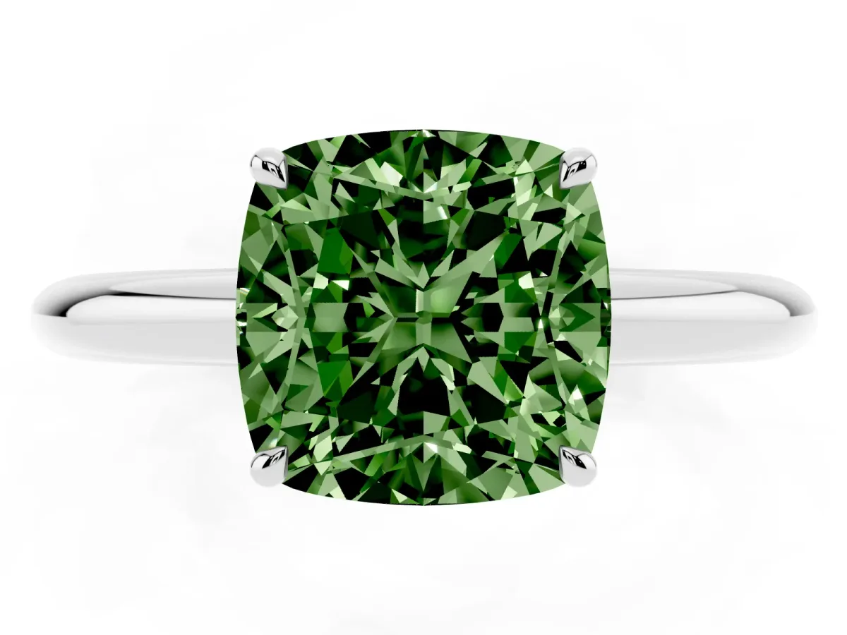 Fancy Green Cushion Cut Brilliant Solitaire Engagement Ring with Six-Prong Setting and Classic Band Silver