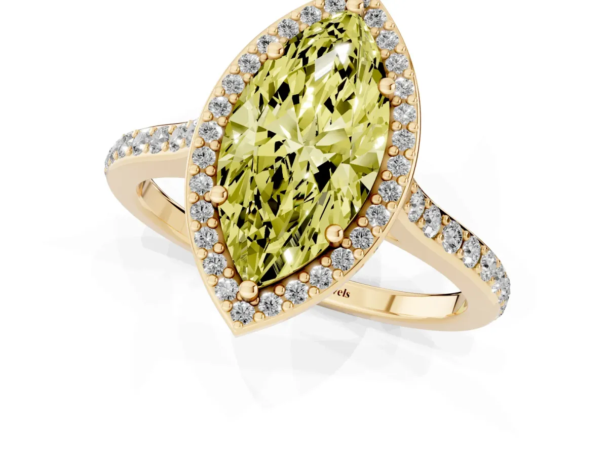 Fancy Yellow Marquise Cut Diamond Halo Engagement Ring with Round Pavé Shoulders and Prong Setting Yellow gold