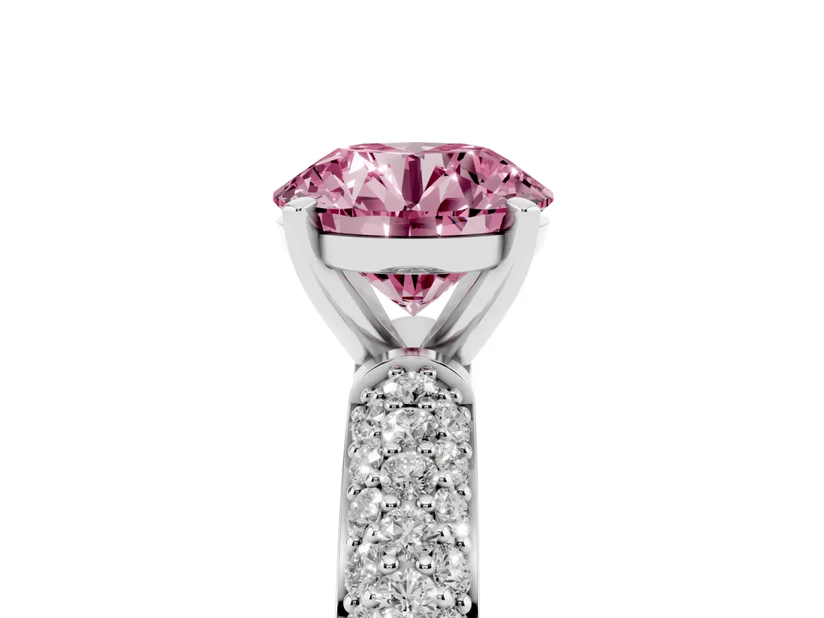 Fancy Pink Round Cut Diamond Solitaire Ring with Prong Setting and Pavé Band Silver