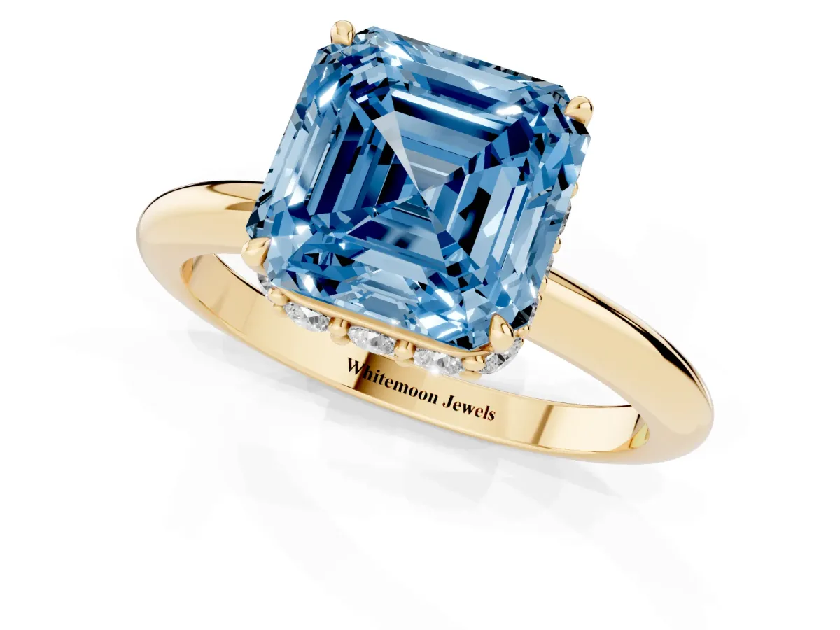 Fancy Blue Asscher Cut Brilliant Solitaire Engagement Ring with Six-Prong Setting and Classic Band Yellow gold