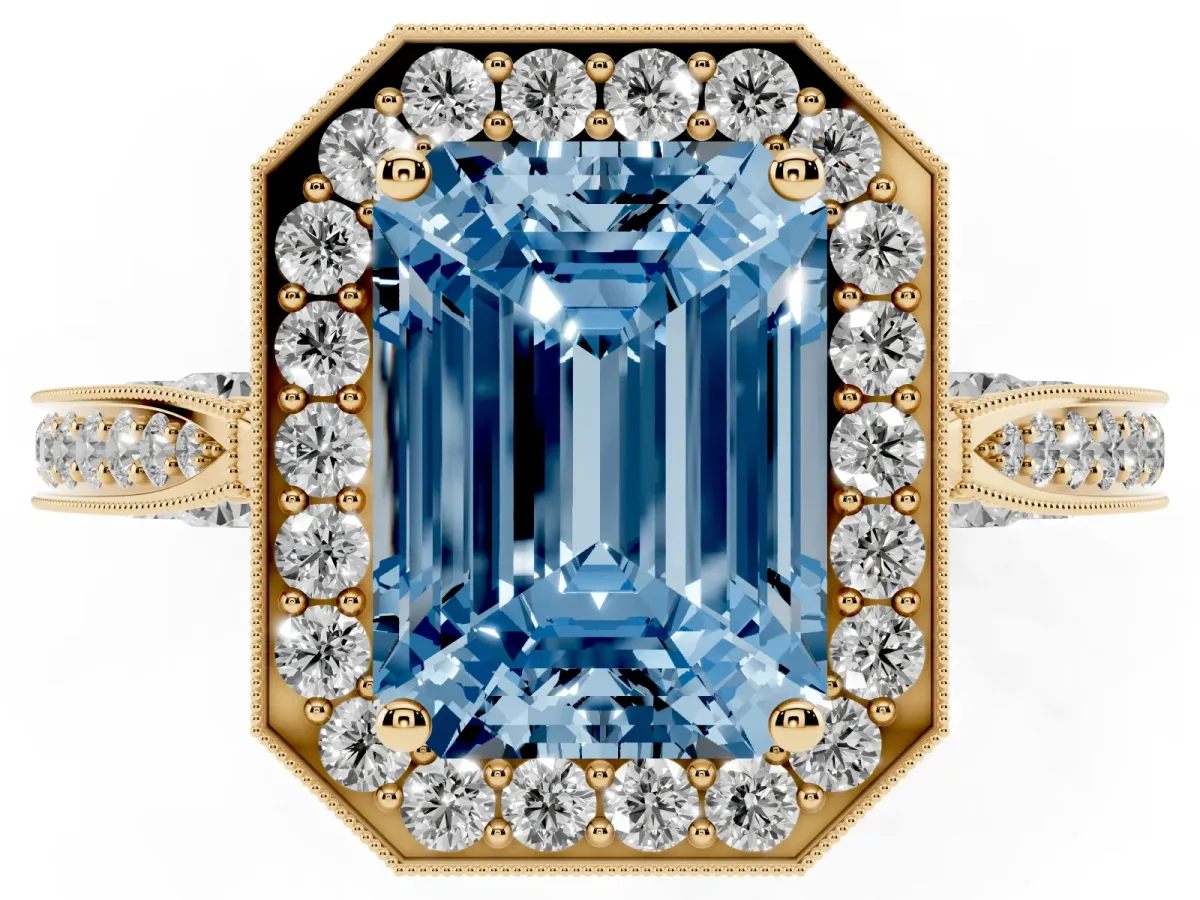 Fancy Blue Emerald Cut Halo Diamond Engagement Ring with Split Shank Band and Four-Prong Setting Yellow gold