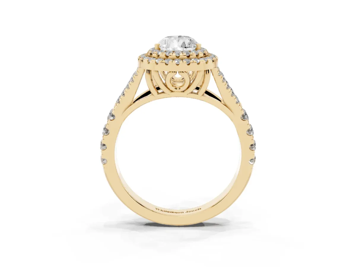 Pear Cut Cut Double Halo Split Shank Diamond Ring with Prong Setting Yellow gold