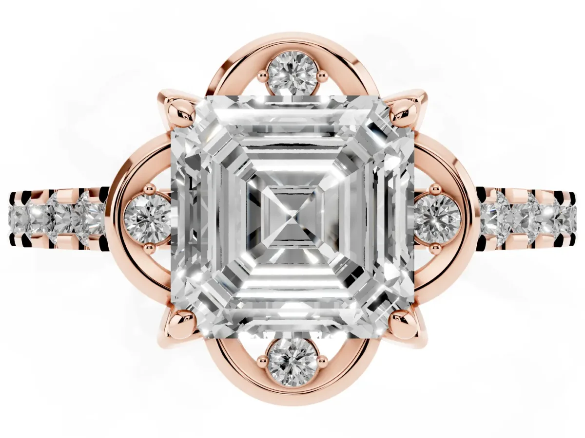 Asscher Cut Diamond Ring with Pavé Band and Floral Prong Setting Rose gold