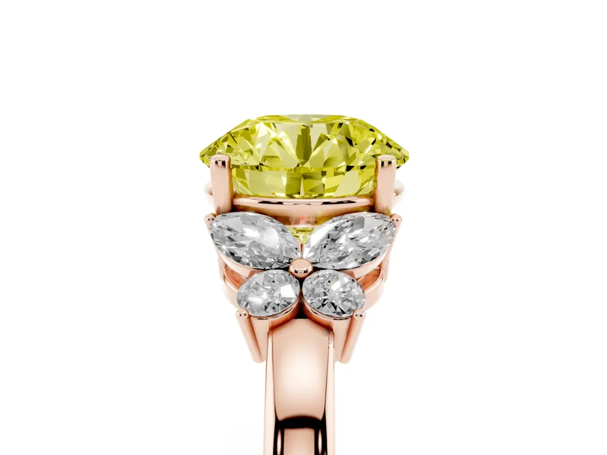Fancy Yellow Round Cut Cut Solitaire Floral Diamond Ring with Four-Prong Setting Rose gold
