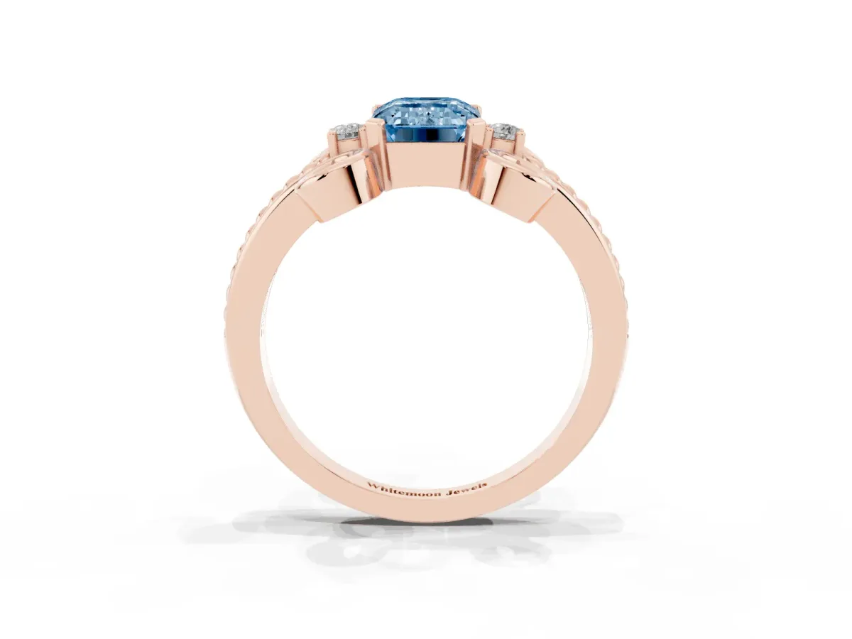 Fancy Blue Emerald Cut Solitaire Twisted Band Scroll Prong Ring Rose gold