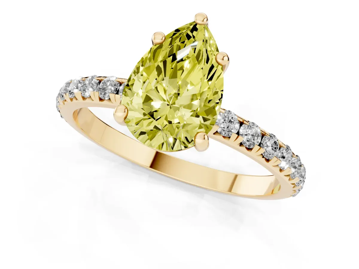 Fancy Yellow Pear Cut Cut Diamond Solitaire Ring with Micro Pave Band and Four Prong Setting Yellow gold