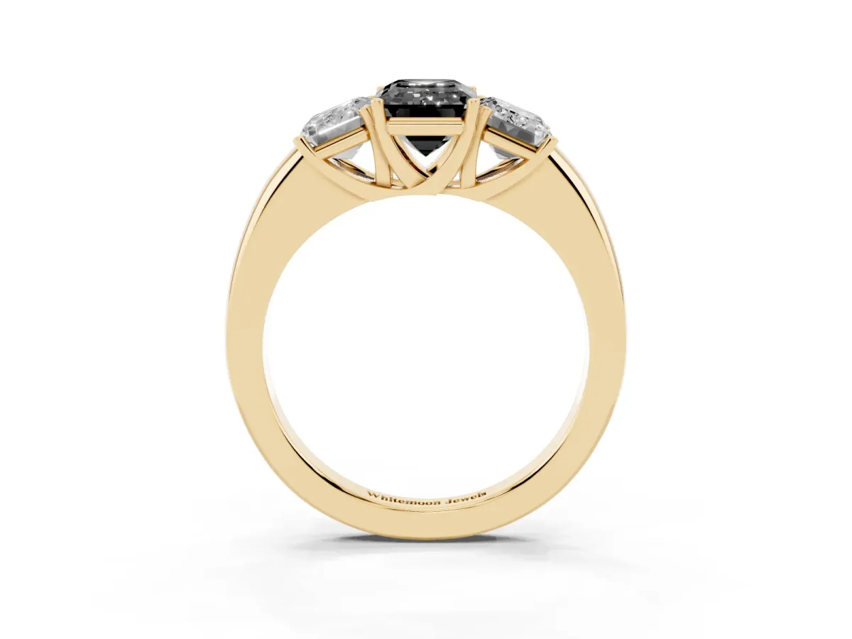 Fancy Black Emerald Cut Diamond Three-Stone Ring with Four-Prong Setting and Classic Band Yellow gold