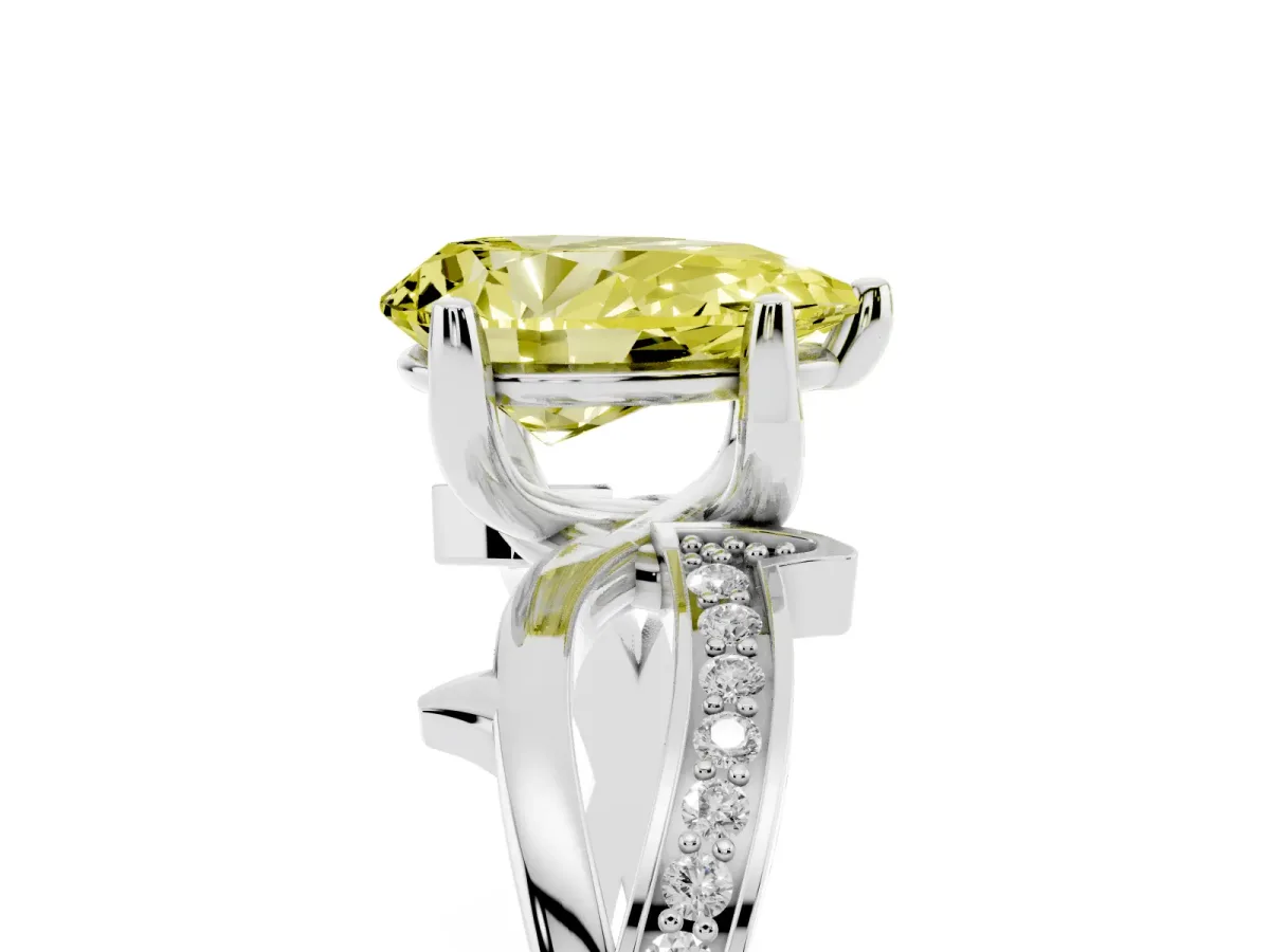 Fancy Yellow Pear Cut Solitaire Twist Band with Pavé Accents and Four-Prong Setting Platinum