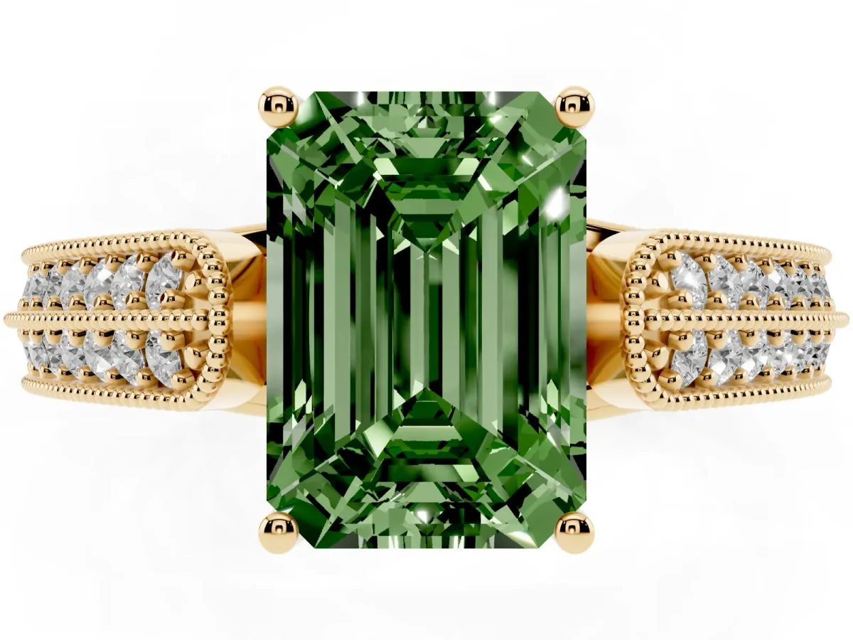 Fancy Green Emerald Cut Cut Pave Split Shank Engagement Ring with Four-Prong Setting Yellow gold