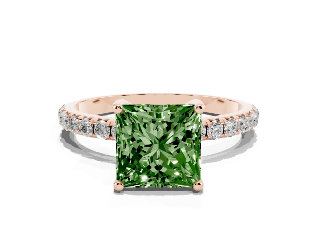 Fancy Green Princess Cut Cut Diamond Solitaire Ring with Micro Pave Band and Four Prong Setting Rose gold