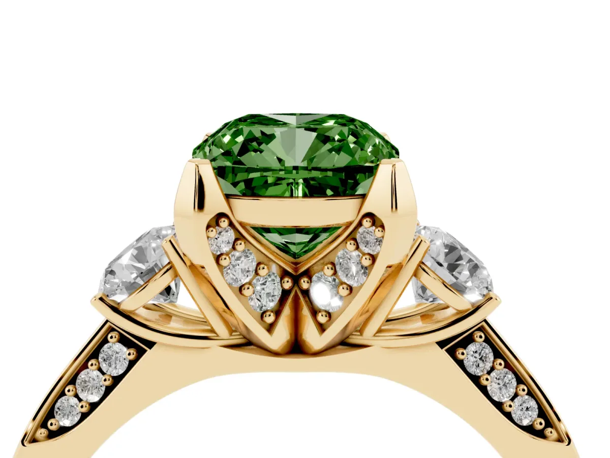 Fancy Green Cushion Cut Brilliant Three-Stone Diamond Ring with Pavé Band and Four-Prong Setting Yellow gold
