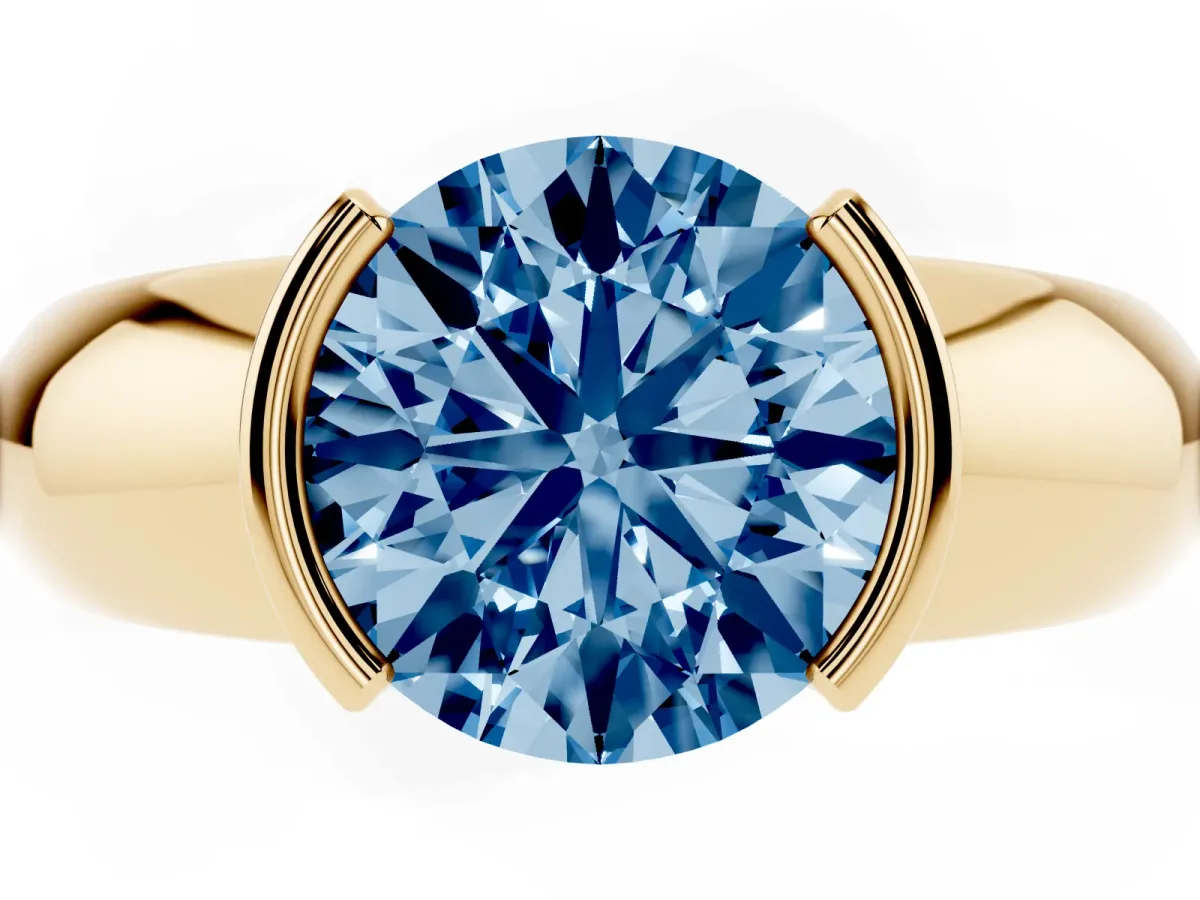 Fancy Blue Round Cut Solitaire Tension Set Diamond Ring with Wide Band Yellow gold